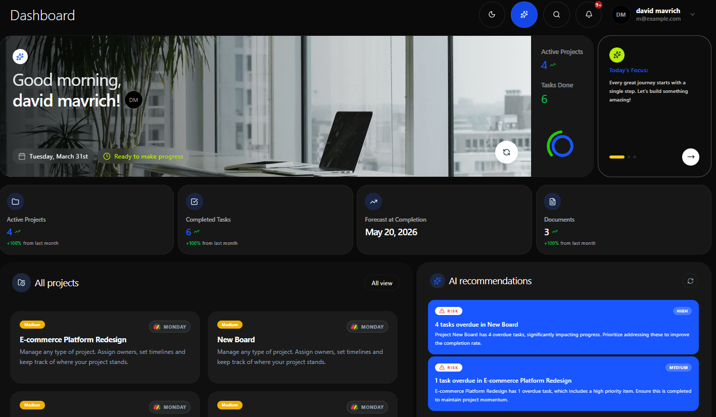 PanAI dashboard showing project overview, tasks and AI insights